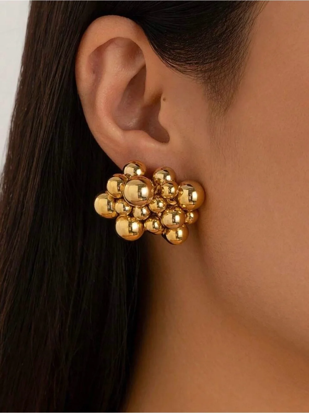 Gold Cluster Ball Stud Earrings - Picture 3 of 6